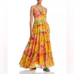 FARM Rio Macaw Bloom Gold and Pink Ruffled Tiered Maxi Dress Size M